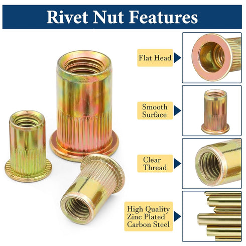 Vifmy Kit(240Pcs), #6-32#8-32#10-24 1/4"-20 5/16"-18 3/8"-16 Set, SAE Rivet Nut Assortment UNC Rivnut Threaded Insert