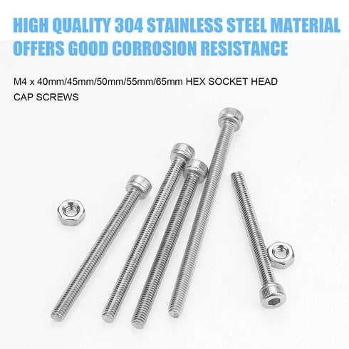 DYWISHKEY 100 Pieces M4 x 40mm/45mm/50mm/55mm/65mm Stainless Steel 304 Hex Socket Head Cap Bolts and Nuts Kit