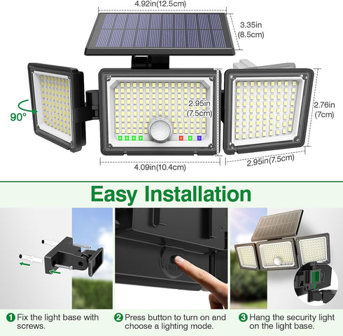 2500LM 286 3 IP65 3-Head (2 Pack) Solar Outdoor Lights Motion Sensor, LED Security Flood Lights with Visual Battery