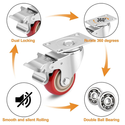 3 Inch Industrial Heavy Duty Swivel Caster Wheels, Set of 4 with Brake, Load Capacity 1600lbs for Various Applications