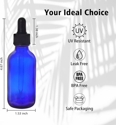 48 Pack 2oz Cobalt Blue Glass Bottles with Eye Droppers for Essential Oils, Perfumes & Lab Chemicals, Labels &