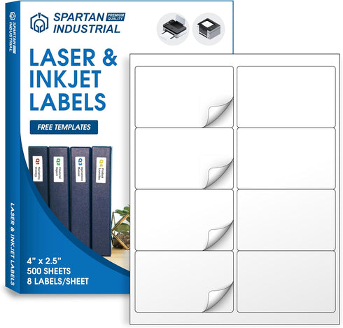 Spartan Industrial Printable Labels - 4" x 2.5" White Labels, 500 Sheets, 4000 Total for Shipping & Product Labeling