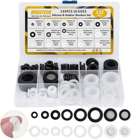 135 PCS Rubber Washers, Shower Hose Washers, 16 Sizes Rubber & Silicone Gasket Kit for Sealing Repair