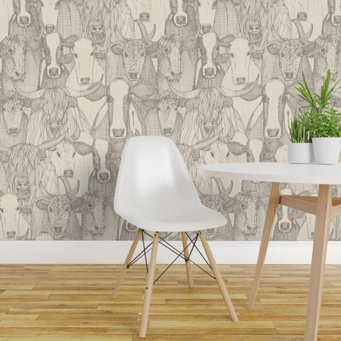 Spoonflower Removable Wallpaper Swatch - Neutral Cow Cattle Farming Rustic Farmhouse Dairy Friesian Bull Ox Highland