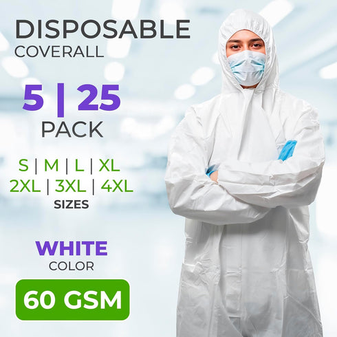 60 Pack 5, AMZ Medical Supply Disposable Coveralls with Hood & Boots, GSM White Work Coveralls, Medium, of Zipper