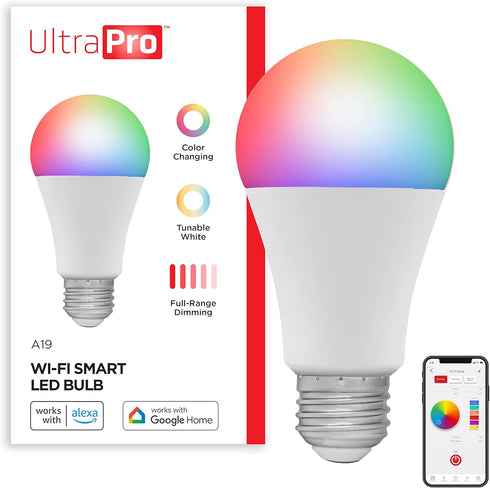 UltraPro Wi-Fi LED Smart Light Bulb, A19, 60W Equivalent, RGB, Color Changing,
