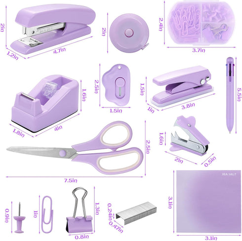 Purple Desk Accessory Kit Cute Office Supplies Set Desktop Stapler Set includes Staple Remover Hole Punch Tape Dispenser Ballpoint Pen Scissor Mini Box Cutter Tape Measure Paper Clips Sticky Notes by Kogcmeetl