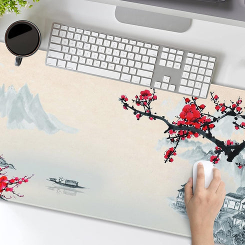 XXL Large Gaming Mouse Pad, Sakura Cherry Blossom Extended Desk Pad, Non-Slip Rubber Base 35.4x15.7in