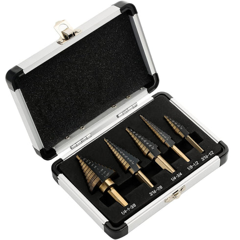 Step Drill Bits, 5PCS HSS Titanium Step Drill Bit Set, 50 Sizes High Speed Steel Bits with Aluminum Case