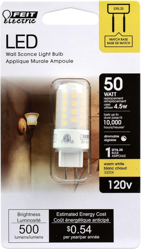 Feit Electric T4 LED Light Bulb, 50W Equivalent, GY6.35 Bi-Pin Base, Dimmable, 3000K Warm White