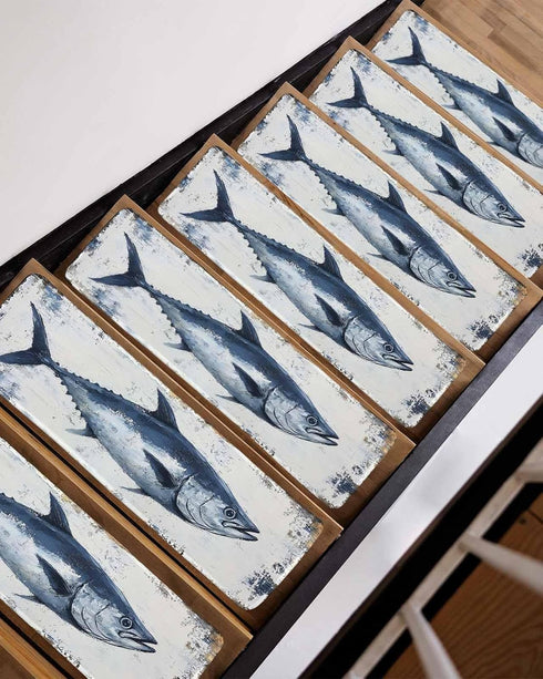 BOHOOSKYLAR 4 8"x30" Ocean Life Stair Treads Retro Blue Tuna Oil Painting Wood Grain Indoor Non Slip Peel and Stick