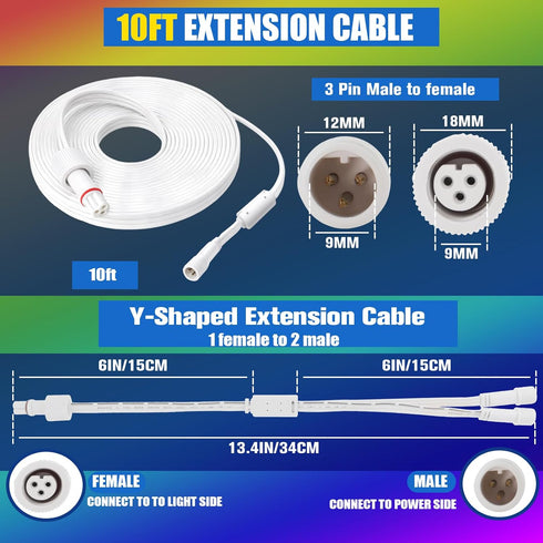 Zejoot IP68 3-Pin Permanent Outdoor Lights Extension Cable with Ferrite Core, Waterproof Y-Splitter Extension Cord, Low