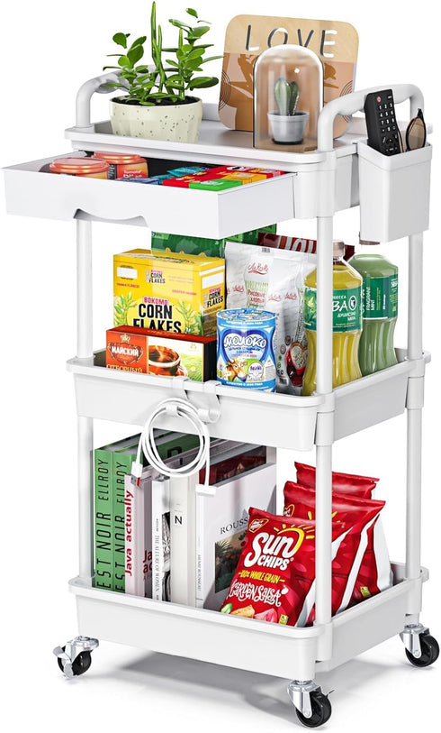 Rolling Utility Cart with Drawer, 3 Tier Storage Organizer with Lockable Wheels for Kitchen, Bathroom, Office