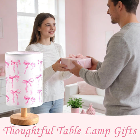 Lonfliness Pink Bow Kids Table Lamp Kids Bedside Lamp Bedroom LED Night Light with Linen Wooden Nightstand Cartoon