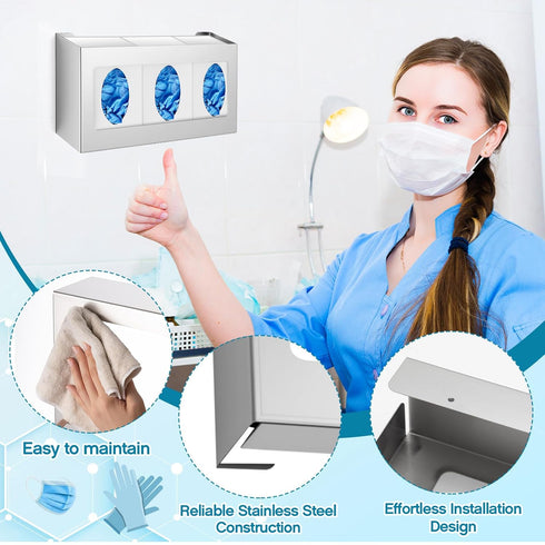 1 10" 16" 3 3/4" Blulu Pcs Stainless Steel Triple Glove Box Holder Triple Glove Dispenser Wall Mount for Organize