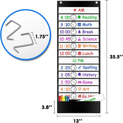 Daily Schedule Pocket Chart with 13+1 Pockets, 18 Dry Eraser Cards, Over Door Mountings for Classroom, Office (Black)