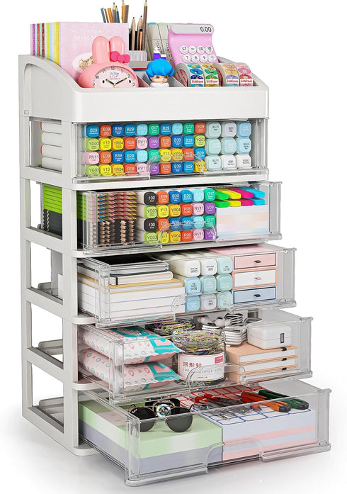 Desk Organizer with Drawers, 5 Drawers Storage Organizer for Office Supplies, Plastic Stationary Organizer, Makeup