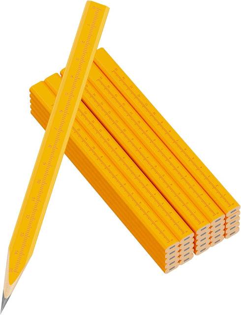 25 Pack Carpenter Pencils with Ruler - Flat Yellow Octagonal Woodworking Pencils for Construction, Marking, Framing