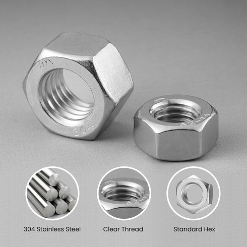 BNUOK 50 Pack #10-24 304 (18-8) #10 Inch Hex Nuts, Stainless Steel Hex Nut, Nut Standard Coarse Thread Hex Machine