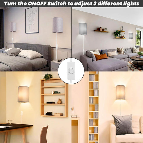 Set 2, 3-Color (3000K/4000K/6000K), Wall Sconces of Plug in Wall Sconces with On/Off Switch, Selectable Fabric Linen