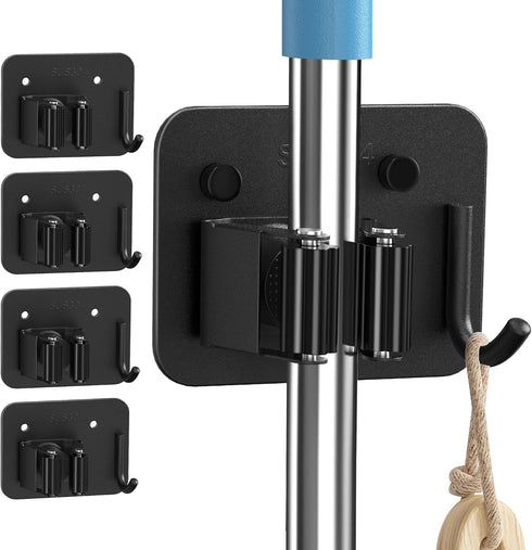 4 Pack Stainless Steel Broom Holder Wall Mount - Heavy Duty Utility Rack for Home, Kitchen, Garage Organization (Black)