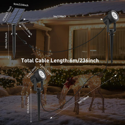 6000K IP65 2-in-1 9.8ft T-SUNUS Christmas Solar Spot Lights Outdoor White Waterproof Landscape Spotlights, Cable