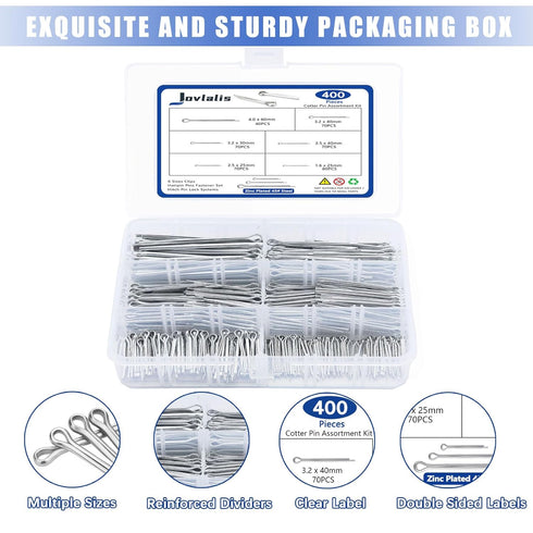 Cotter Pin Assortment, 400PCS Zinc Plated Steel Hairpin Cotter Pins, Split Pin Fastener Clips for Castle Nuts