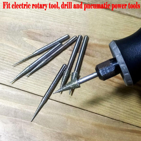 Luo ke 7 Pcs Diamond Burr Sets, 1/8'' Shank Long Cone Shape Grinding Bits for Dremel Rotary Tool