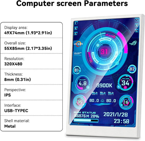 Ransanx 3.5 Inch AIDA64 (1Pcs,White) IPS USB Mini Screen No Installation Pc Case Screen Computer Temp Monitor PC
