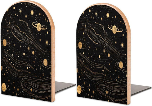 FodPand Gold and Silver Space Themed Wood Bookends Decorative Non-Slip Bookends Heavy Duty