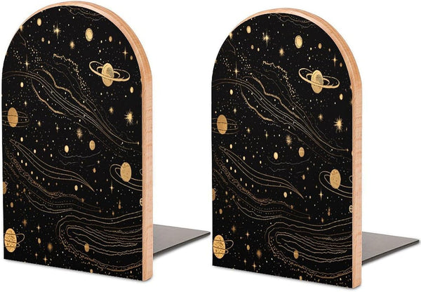 FodPand Gold and Silver Space Themed Wood Bookends Decorative Non-Slip Bookends Heavy Duty
