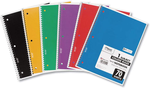 Mead Spiral Notebooks, 6 Pack, 1 Subject, College Ruled, 70 Sheets per Notebook, 7-1/2" x 10-1/2", Color Will Vary