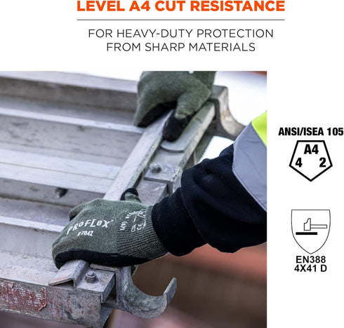Ergodyne ProFlex 7042 Cut Resistant Work Gloves, ANSI A4, Green, Contact Heat Resistant Sandy Nitrile Coated Palms