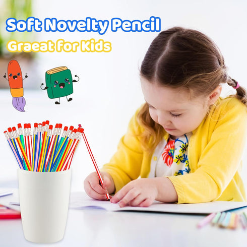 Haawooky 45 Pieces Flexible Soft Colorful Stripe Rubber Pencils with Erasers for Kids Gift