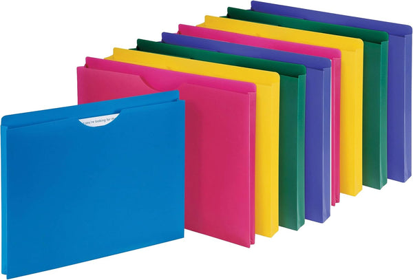 Poly File Jacket, Reinforced Straight Cut Tab, 1’’ Expansion Pocket, Letter Size, Assorted Colors, 10-Pack