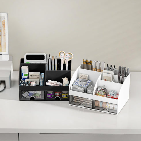 Desk Organizer with 6 Compartments and 2 Drawers, Plastic Makeup Organizer, Pen Holder for School, Home, Office Supplies