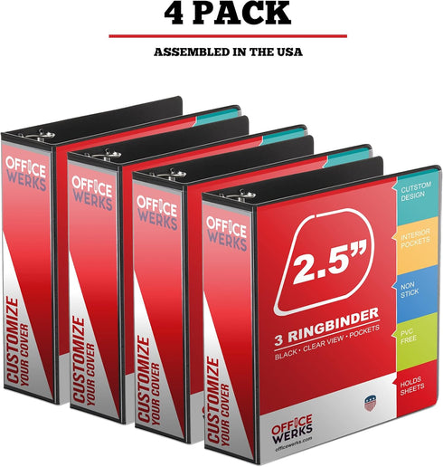 Performore 3 Ring Binder, Professional Angle D 2.5 Inch, Presentation Folder with Pockets, Black Binder, 4 Pack