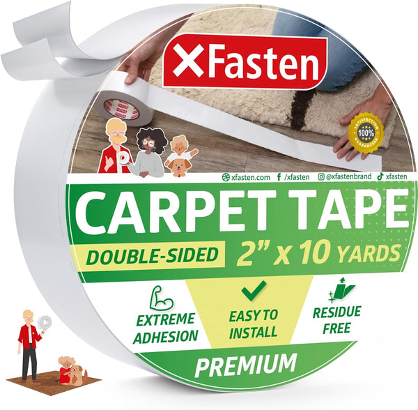 XFasten Carpet Tape for Hardwood Floors - 2”x10yds No Residue Heavy Duty Double Sided Rug Tape