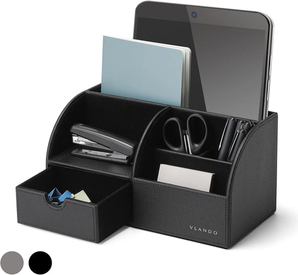 Vlando Black Leather Office Desk Organizer Caddy with Drawer for Storing Desktop Supplies and Accessories