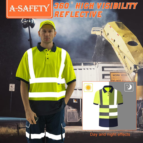 High Visibility Polo Shirt, Short Sleeve Job Safety Reflective Gear, Yellow, Medium