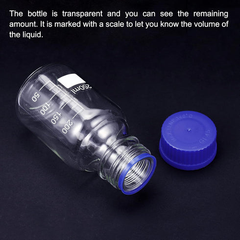 PATIKIL 250mL Round Graduated Glass Reagent Media Bottle with Blue Screw Cap for Chemistry Lab
