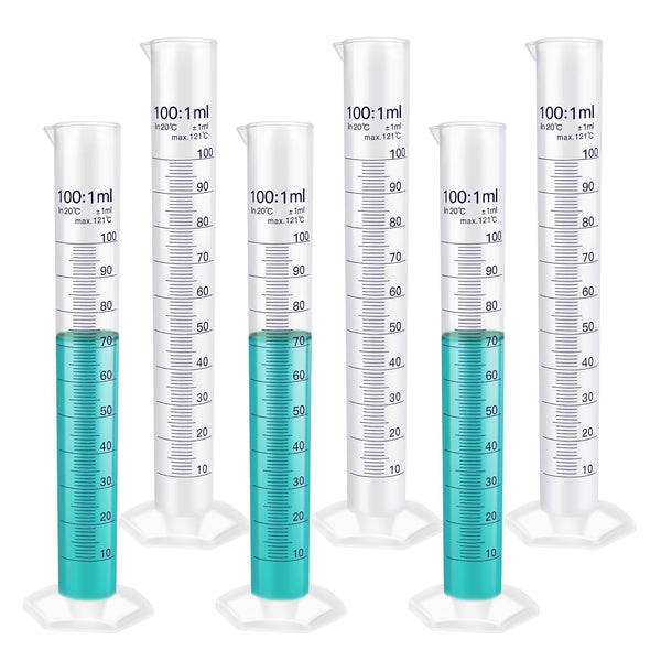 6pcs 100 mL Graduated Cylinder Set, Blue Printed Plastic Measuring Cylinder with Spout, Hexagonal Base, IN-MC100