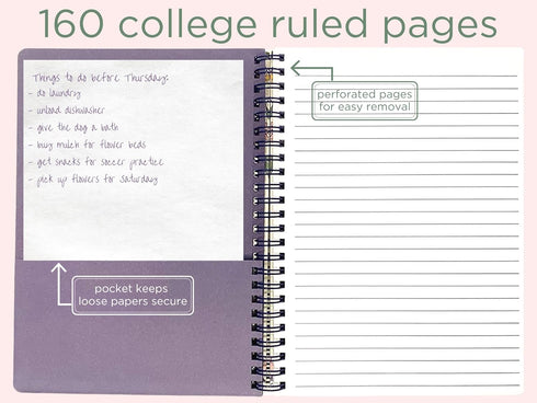 Steel Mill & Co Cute Floral Mini Spiral Notebook, 8.25" x 6.25" Journal with Durable Hardcover, 160 Lined Pages, Purple