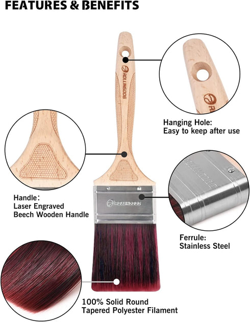 ROLLINGDOG 3PCS Ergonomic Paint Brushes for Walls - Cutting in Brush (1", 2", 3") for Detail Painting