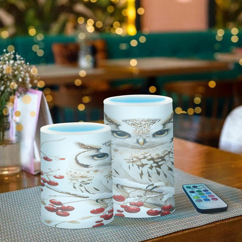 LFICRTAN 2 Pack Owl Sitting Snow Covered Branch Flameless Candles Battery Operated Color Changing LED Candles