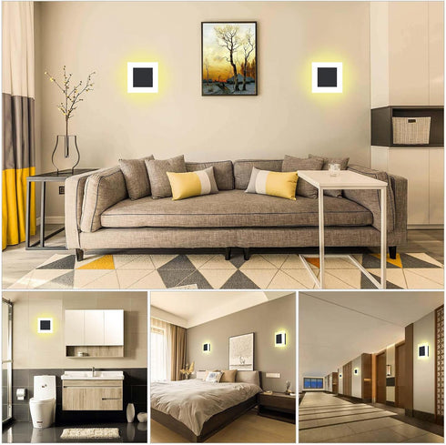 10W Non-Dimmable 3000K Kawell Square Acrylic LED Wall Sconce Hardwired Black Wall Light Fixture for Bedroom, Living