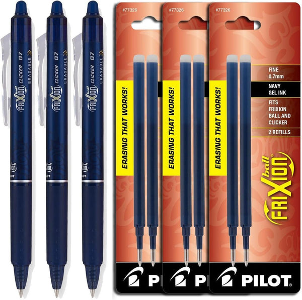 Pilot FriXion Clicker Retractable Gel Ink Pens, Fine Point 0.7mm, Navy Blue Ink, Pack of 3