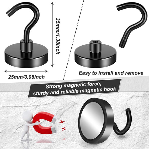 FINDMAG 10 Pack Black Magnetic Hooks Heavy Duty, 50LBS Neodymium Magnet Hook for Home, Kitchen, Workplace, School