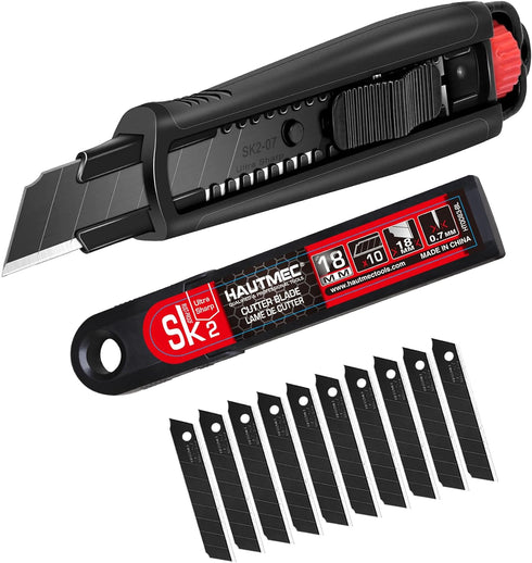 HAUTMEC 18mm Extra Heavy Duty Utility Knife with Double Lock Mechanism and 10pc Blade Set, SK2 Sharp Black Blade for