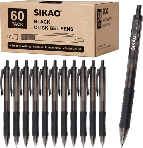 Black Gel Pens 60 Pack, Fine Point, Smooth Writing, Retractable Pens, Office Supplies, 0.7 mm